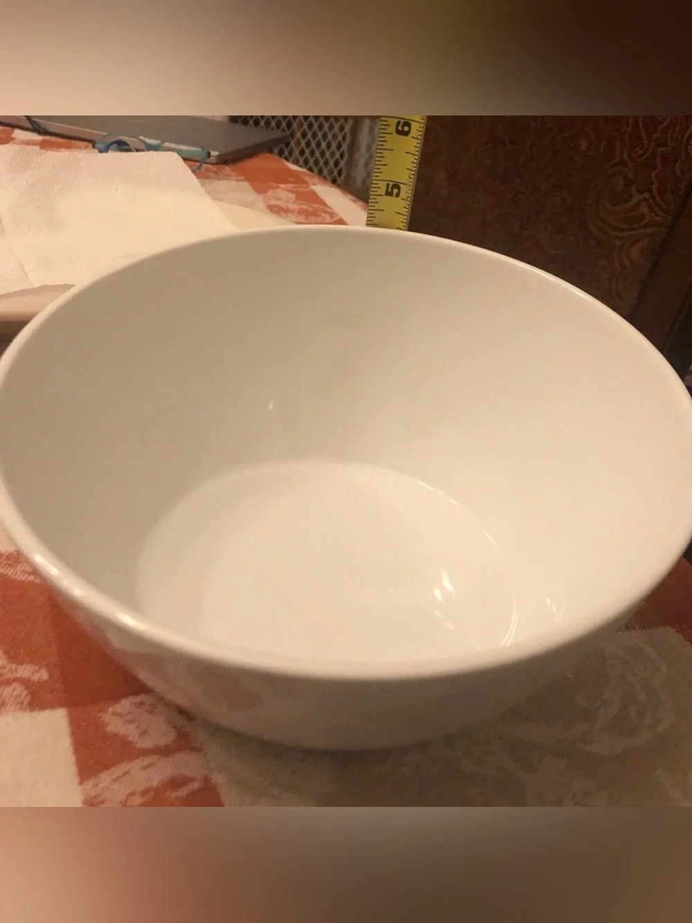 Crate & Barrel Asymmetrical 8.5”D White Serving Bowl 2.75”H Front & 4.25” Back